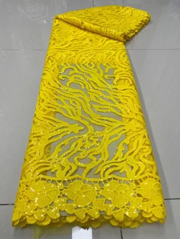 2021 Nigerian Lace Fabric Yellow Sequins Cord African Lace Fabric Milk Silk Lace Wedding Guipure Lace Fabric AJ4716