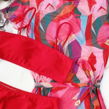 2021 Seksi Red Tiskanja Bikini Z Mrežasto Obleko Bandeau Bikini Kopalke 3 Kos Postavlja Visoko Pasu Ženske Kopalke, kopalke Poletje