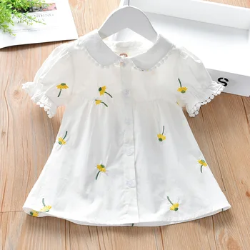 Dekleta Tujih Slog Majica Poletje Novo Vezenje Majica Kratek sleeved Majica Baby Udobno Belo Srajco Otroci Oblačila