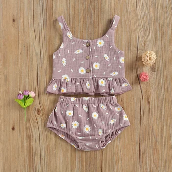 2Pcs 0-2Years Children Baby Girls Breathable Clothes Sets,Daisy Print O-Neck Button-Open Tank Tops+Elastic Waist Ruffled Shorts